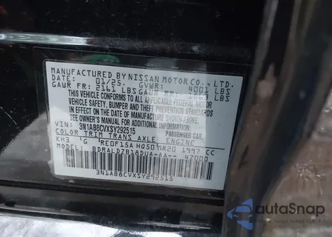 2025 Nissan Sentra Sv z USA, uszkodzony, nr VIN 3N1AB8CVXSY292515